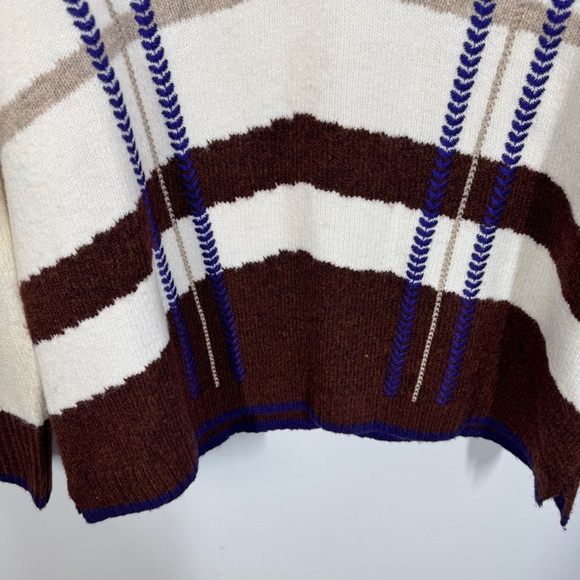 EXUS Striped Knit Sweater V-Neck Brown Cream Blue Size M Women’s Casual Pullover - Picture 4 of 13